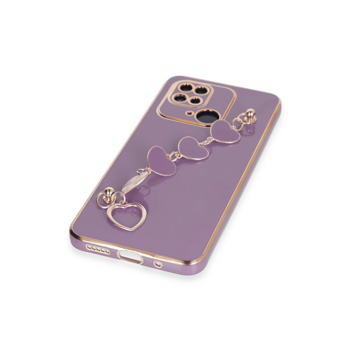 Altın kenarlı, kalp şeklinde charm bileklikli mor telefon kılıfı.