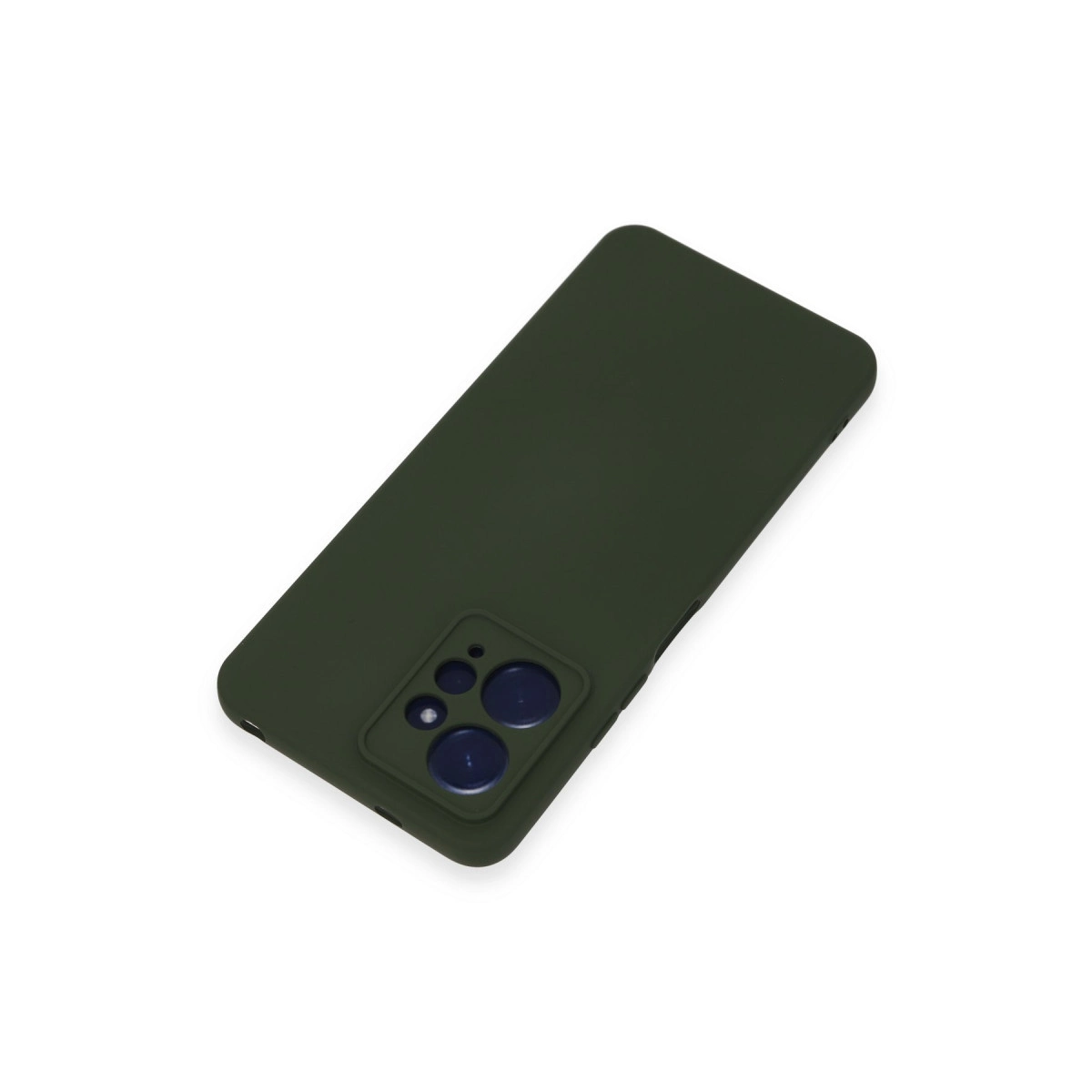 Beyaz arka plan üzerinde kamera modülüne sahip koyu yeşil telefon kılıfı.