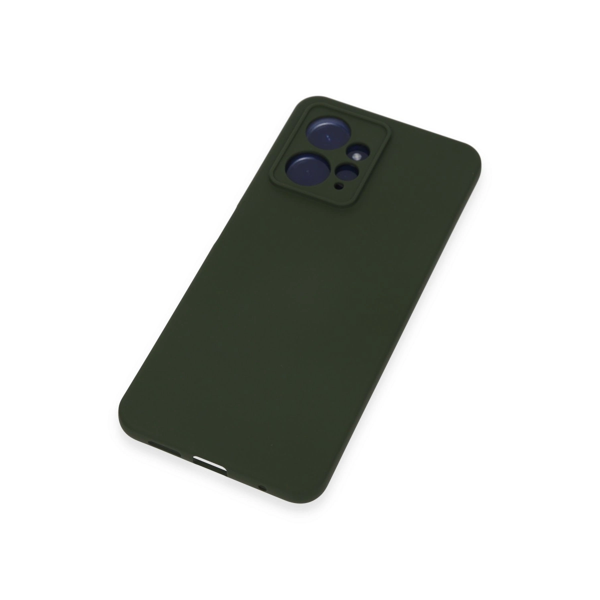 Kamera modülü girintisi görünen, beyaz arka plan üzerinde koyu yeşil telefon kılıfı.