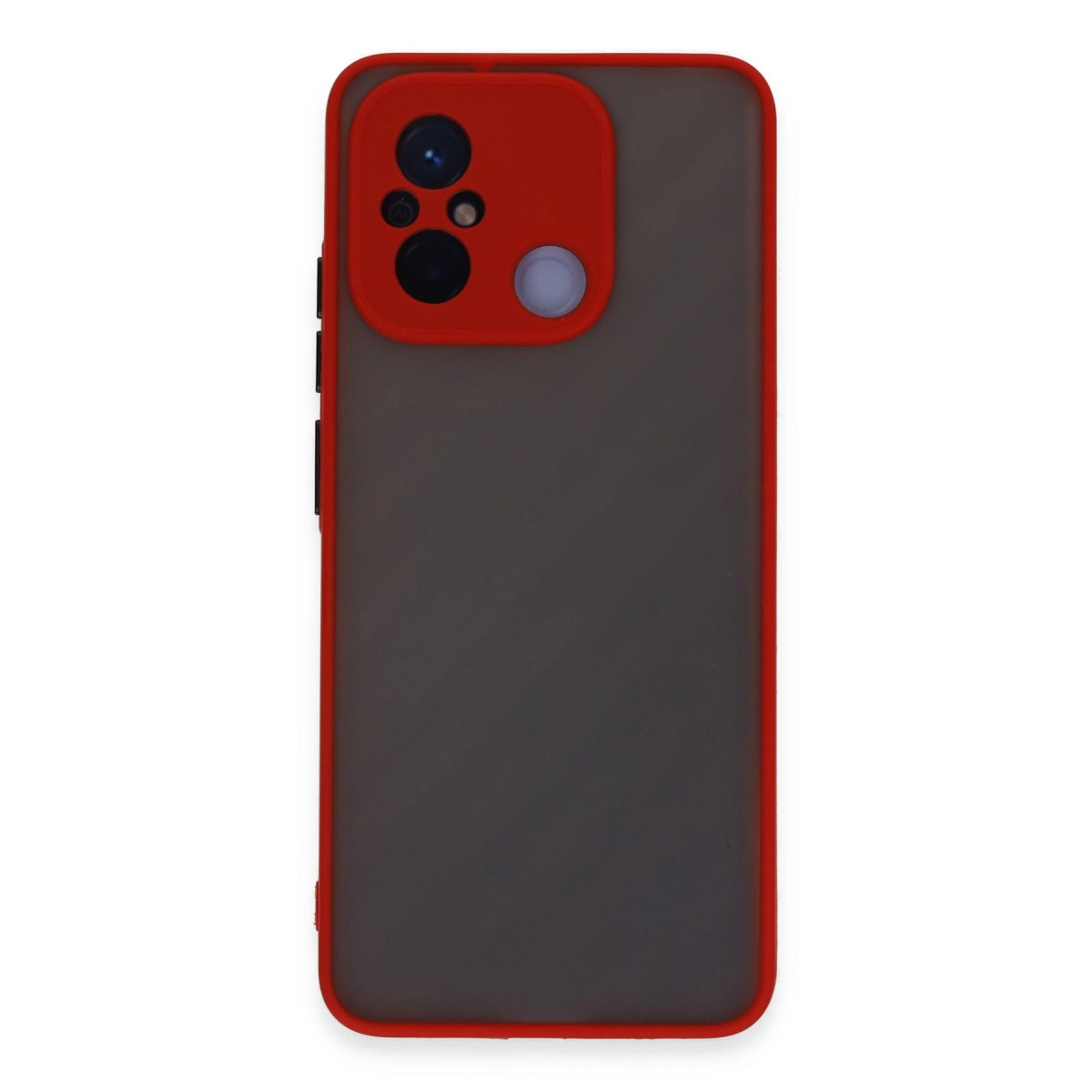 Gri arka ve kamera kesimli kırmızı telefon kılıfı.