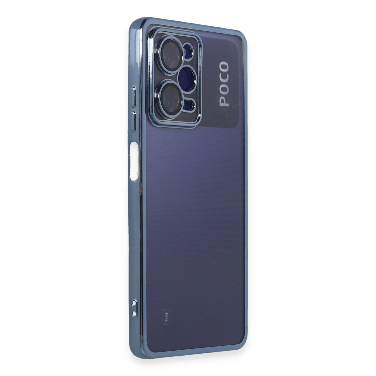 Dört kameralı, POCO logolu koyu mavi telefon kılıfı.