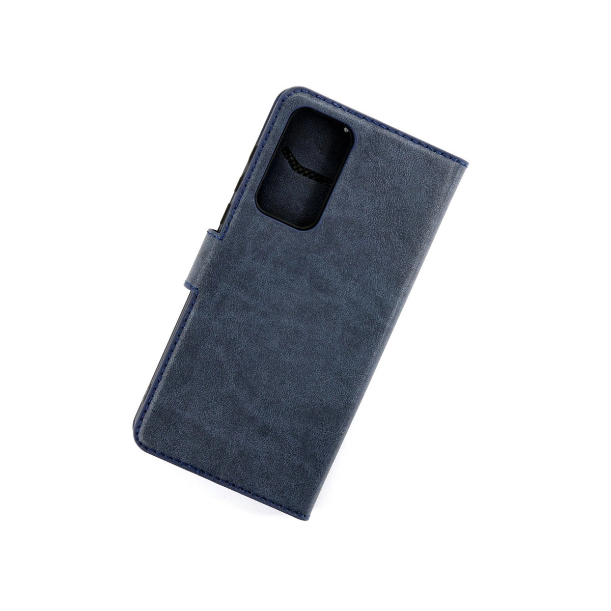 Kamera oyuntulu, lacivert suni deri telefon kılıfı, beyaz zeminde.