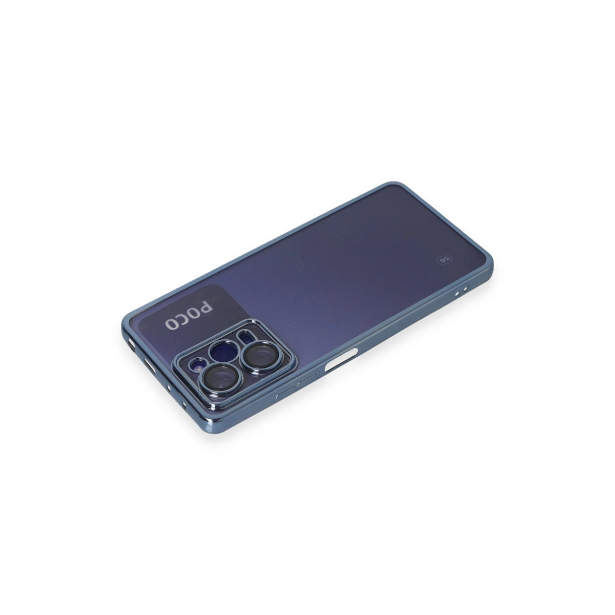 POCO logolu ve üç kameralı koyu mavi telefon, beyaz zeminde.