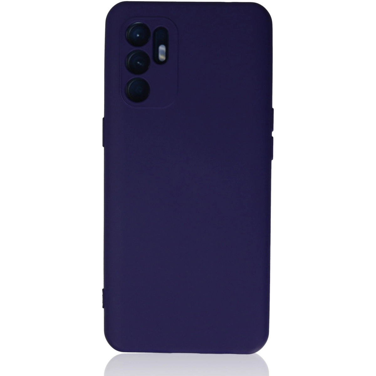 Üçlü kamera oyuntulu koyu mor telefon kılıfı, beyaz zeminde.
