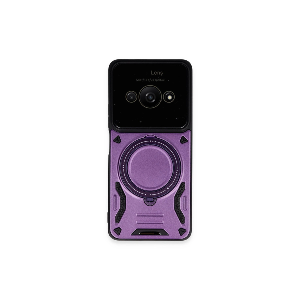 Gümüş vurgulu, siyah kamera modüllü mor telefon kılıfı.