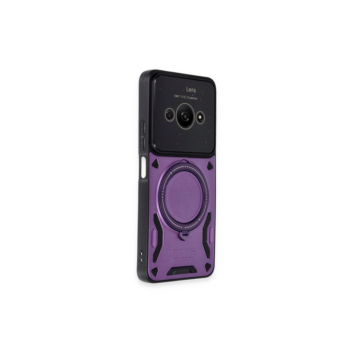 Arkada daire ve siyah kamera modülüne sahip mor telefon kılıfı.