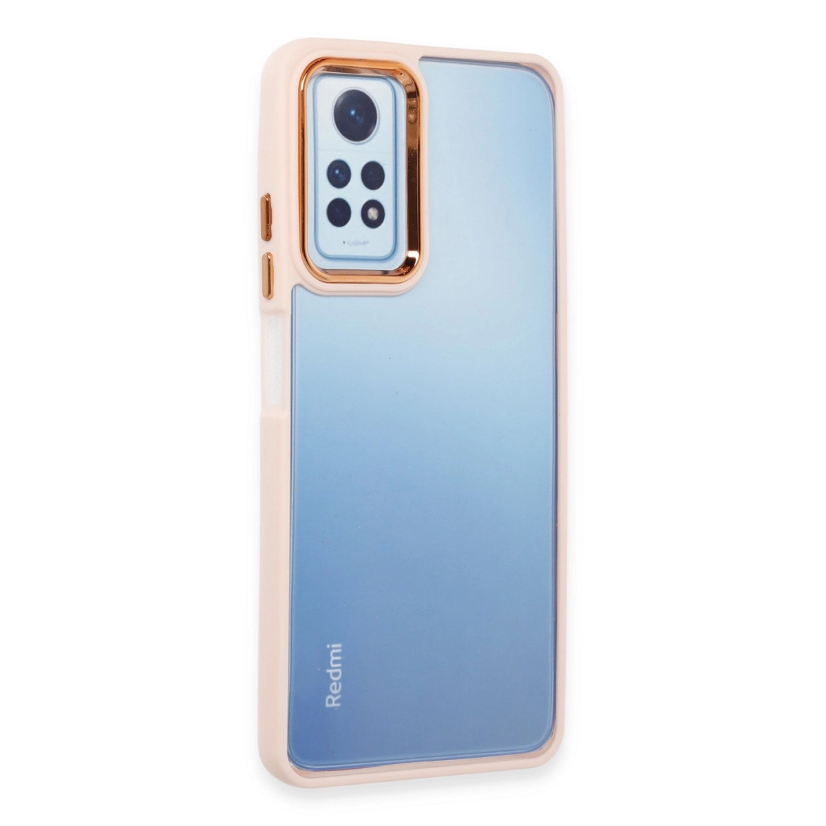 Mavi, şeffaf arka ve kamera modülüne sahip açık pembe telefon kılıfı.
