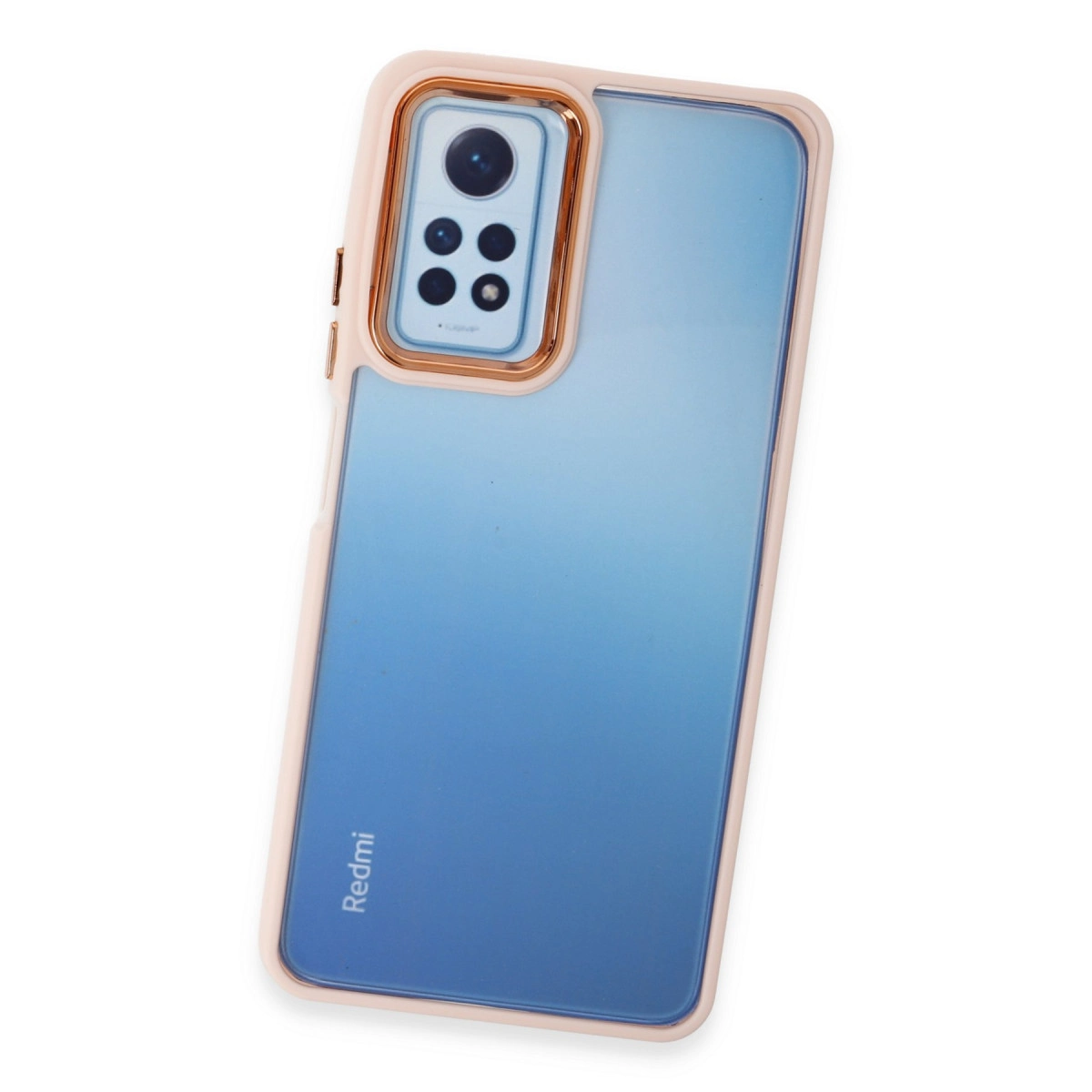Pembe kasalı ve kamera lensli mavi telefon arkası.