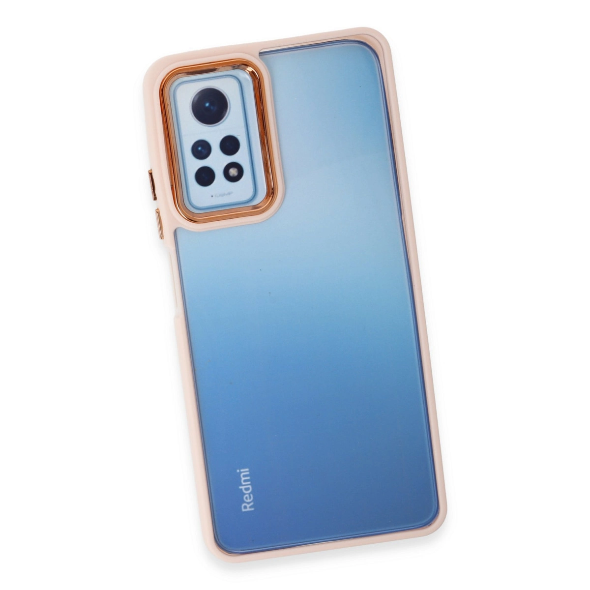 İçinde mavi telefon bulunan pembe telefon kılıfı. Dört lensli kamera.