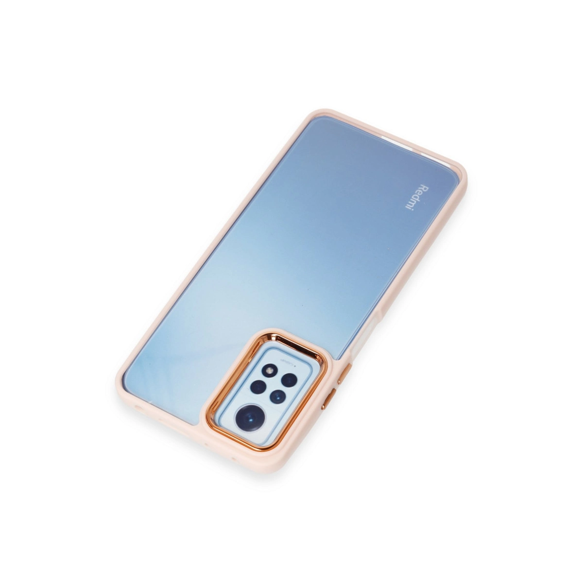 Telefonun arka kamerasını gösteren şeffaf arka yüzlü açık pembe kılıf.