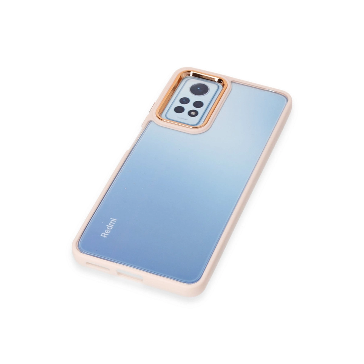 Açık mavi telefon, gül altın rengi kılıf ve kamera modülüyle, beyaz zeminde.