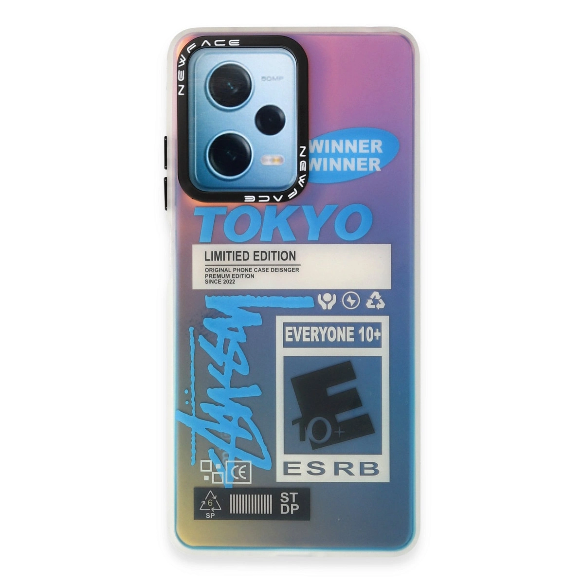 Kameralı telefon kılıfı, TOKYO, LIMITIED EDITION, ESRB E 10+ gibi yazılar. Renkli.