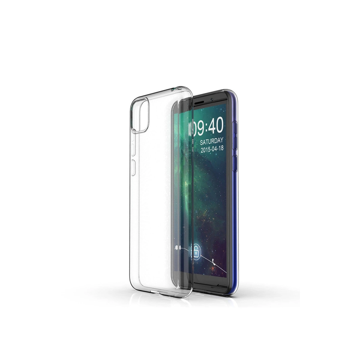 Yeşil arka planlı bir akıllı telefonun yanında şeffaf telefon kılıfı.