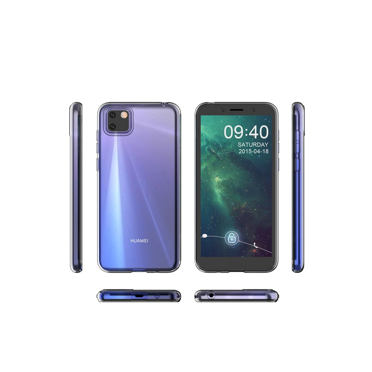 Beyaz arka plan üzerinde her açıdan gösterilen mor bir akıllı telefon.