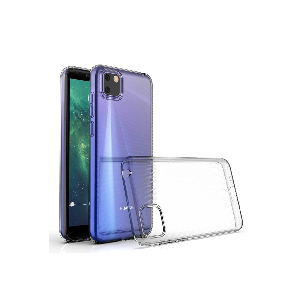 Yanında şeffaf koruyucu kılıfı olan mor bir Huawei telefon.