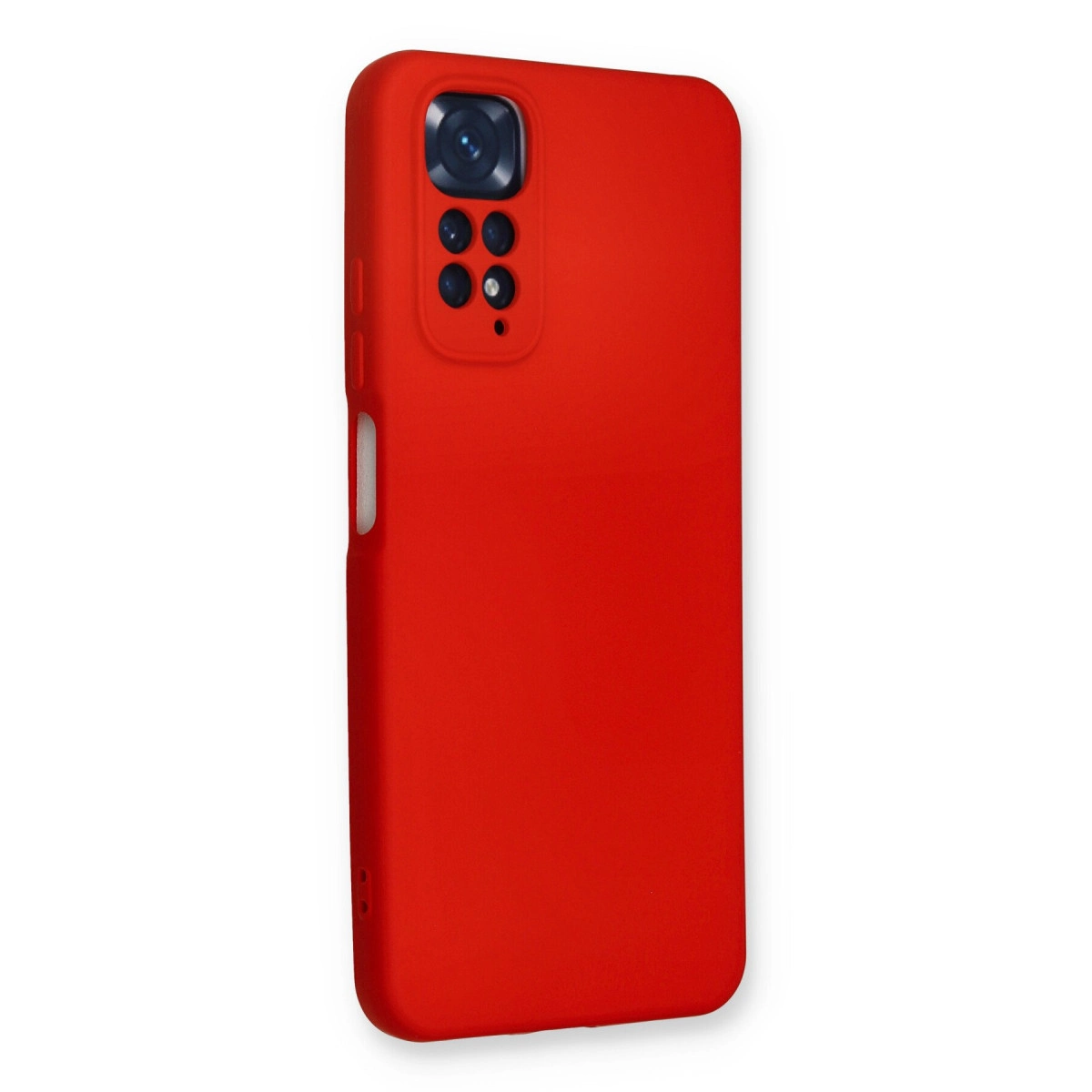 Dört lensli kamera modülüne sahip kırmızı bir telefon kılıfı.