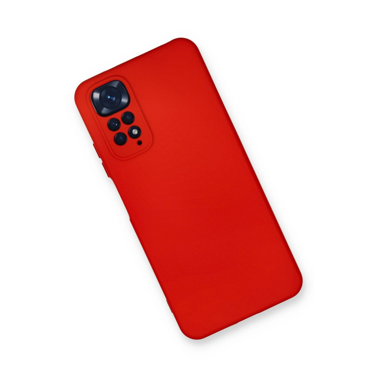 Kamera modüllü kırmızı telefon kılıfı, beyaz zeminde.