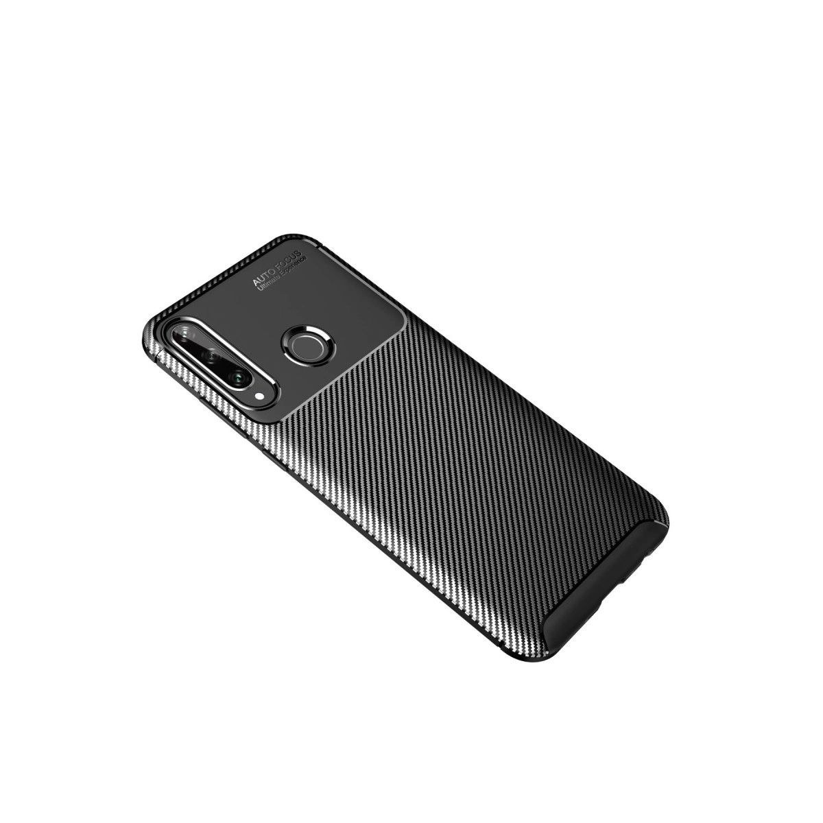 Karbon fiber desenli siyah telefon kılıfı, kamera ve parmak izi sensörü.