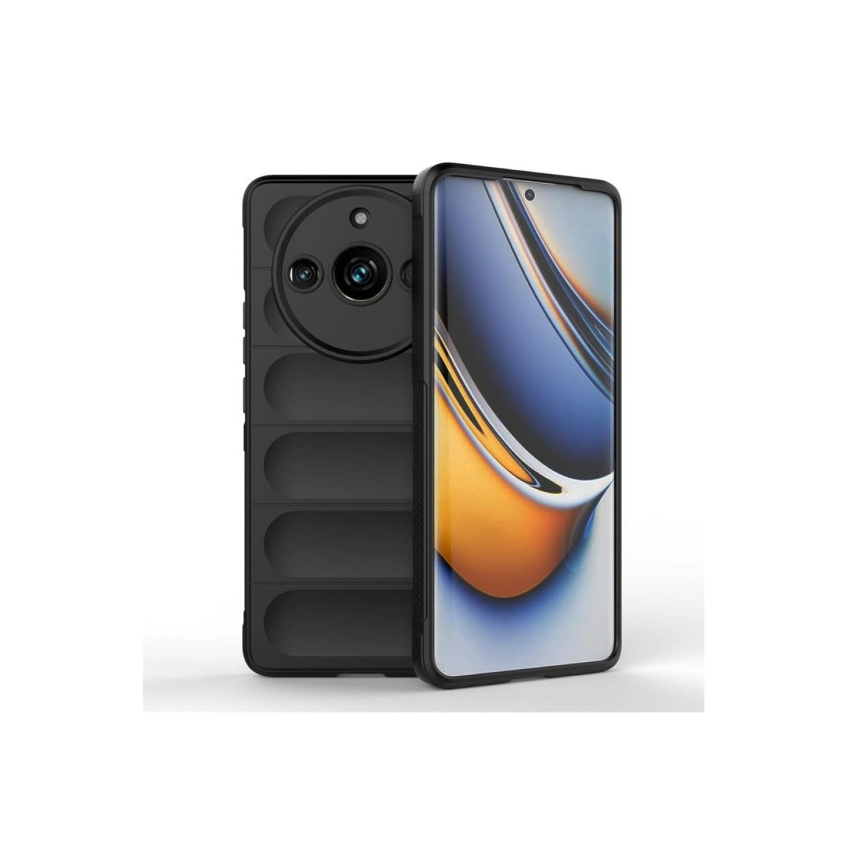 Üç kameralı ve kavisli ekranlı siyah telefon.
