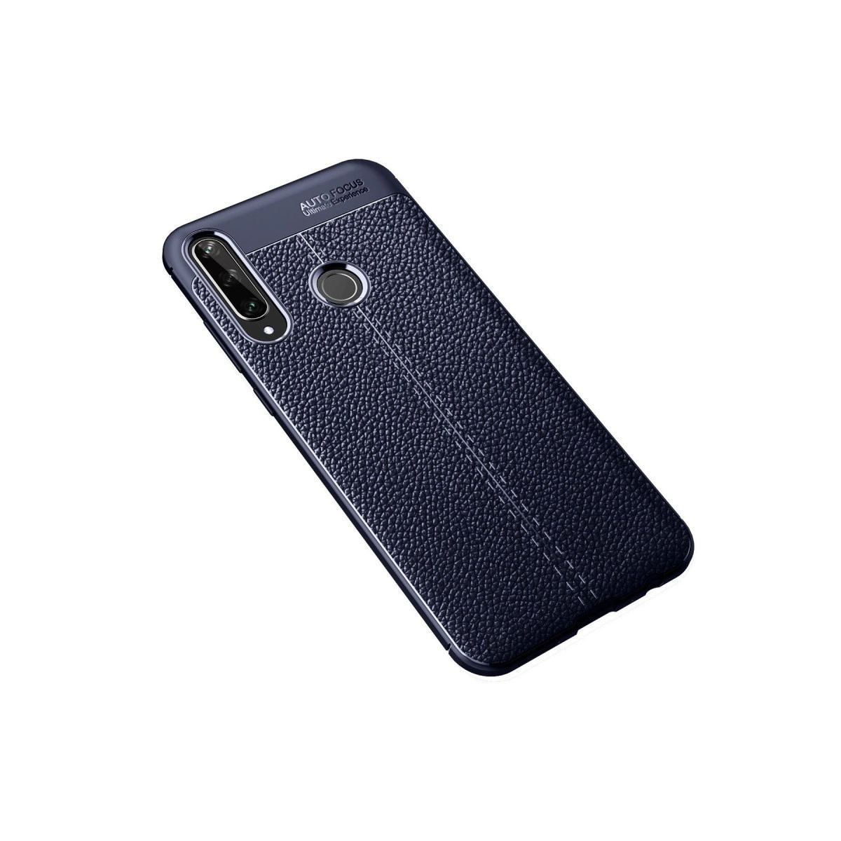 Koyu mavi, deri dokulu telefon kılıfı, kamera ve parmak izi sensörlü.