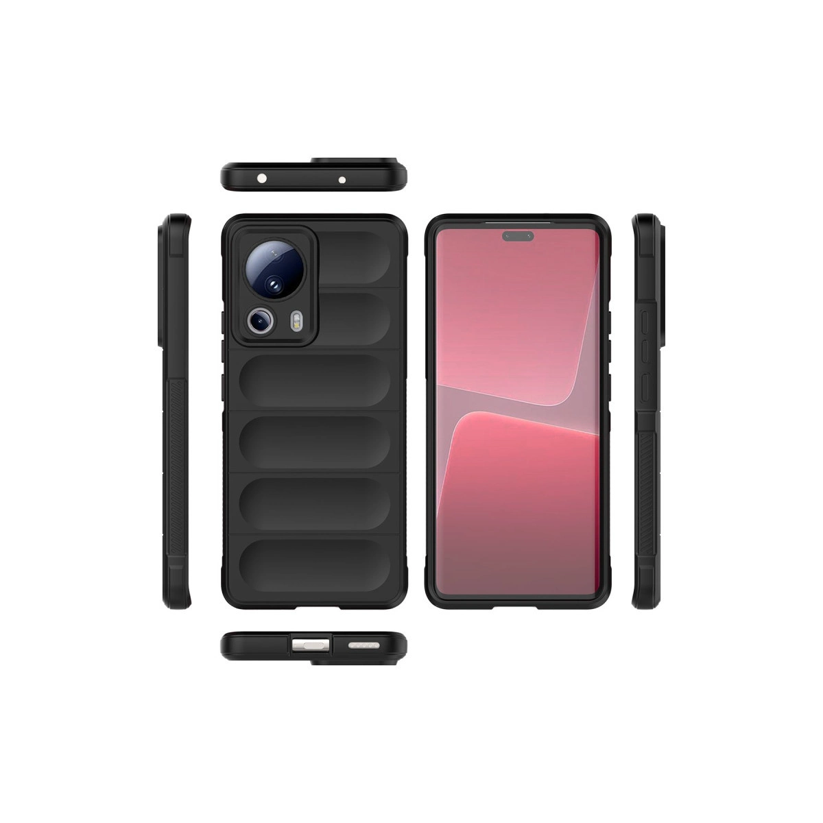 Kamera korumalı ve yatay oluklu siyah telefon kılıfı, yandan ve üstten/alttan gösterilmiştir.