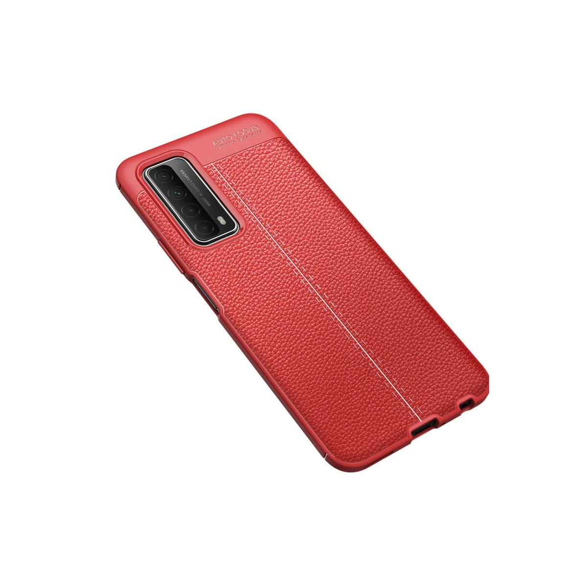 Dikişli, kırmızı deri dokulu telefon kılıfı, sol üstte kamera açıklığı.