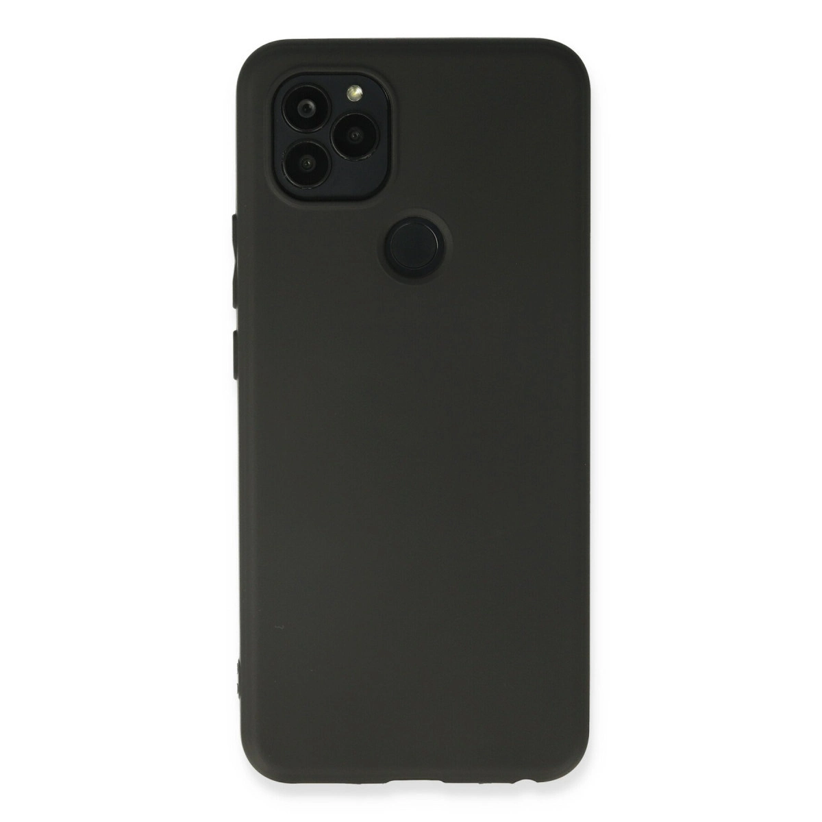 Üç kameralı ve parmak izi sensörlü koyu gri telefon kılıfı.