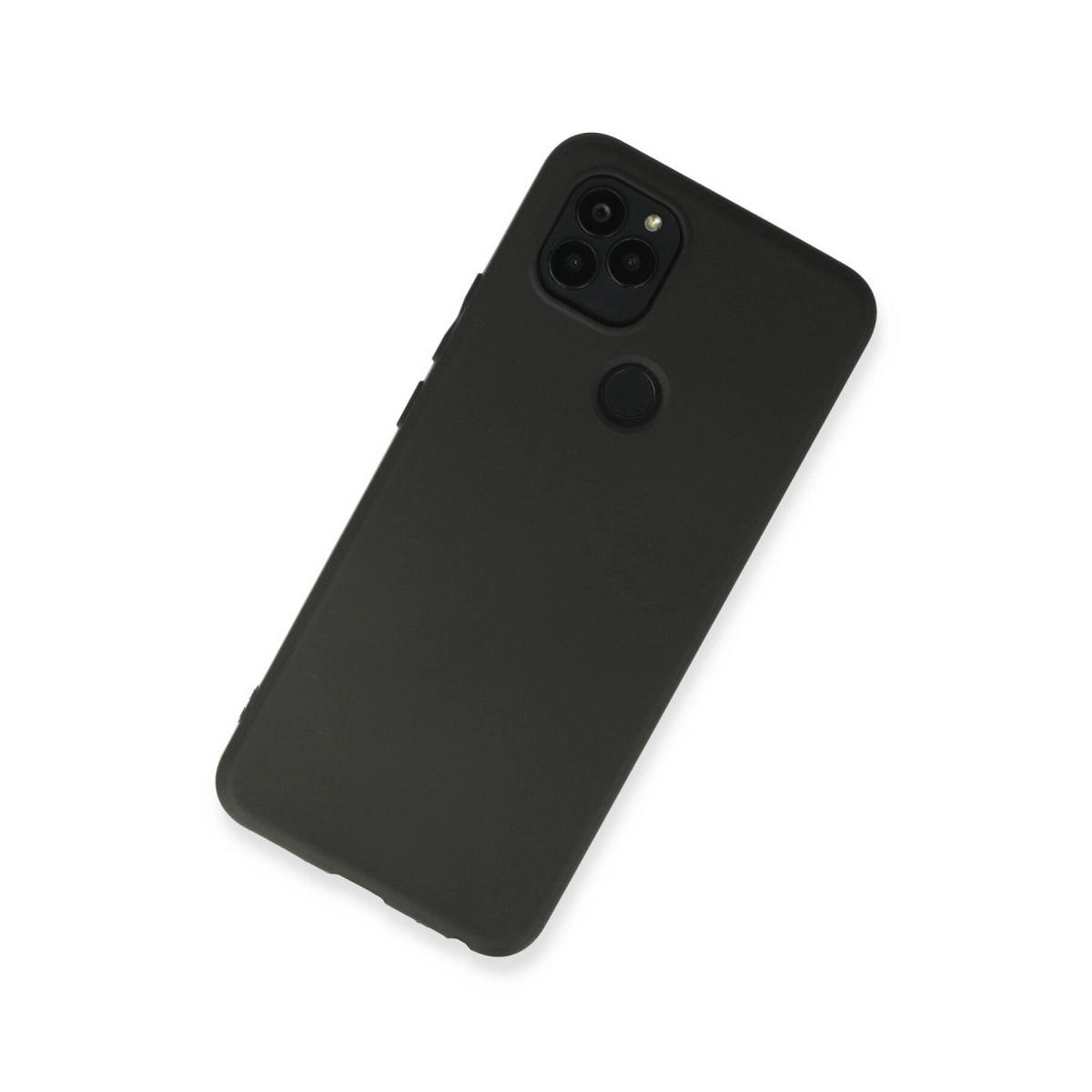 Arkada kamera ve parmak izi sensörü bulunan siyah akıllı telefon, beyaz arka plan üzerinde.