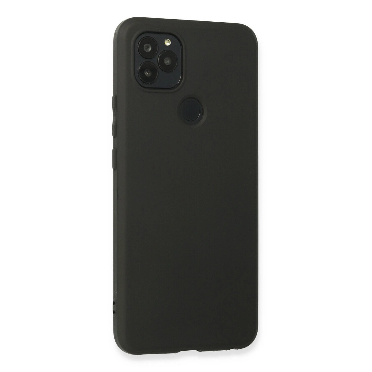 Üçlü kamera ve parmak izi sensörlü siyah telefon kılıfı.