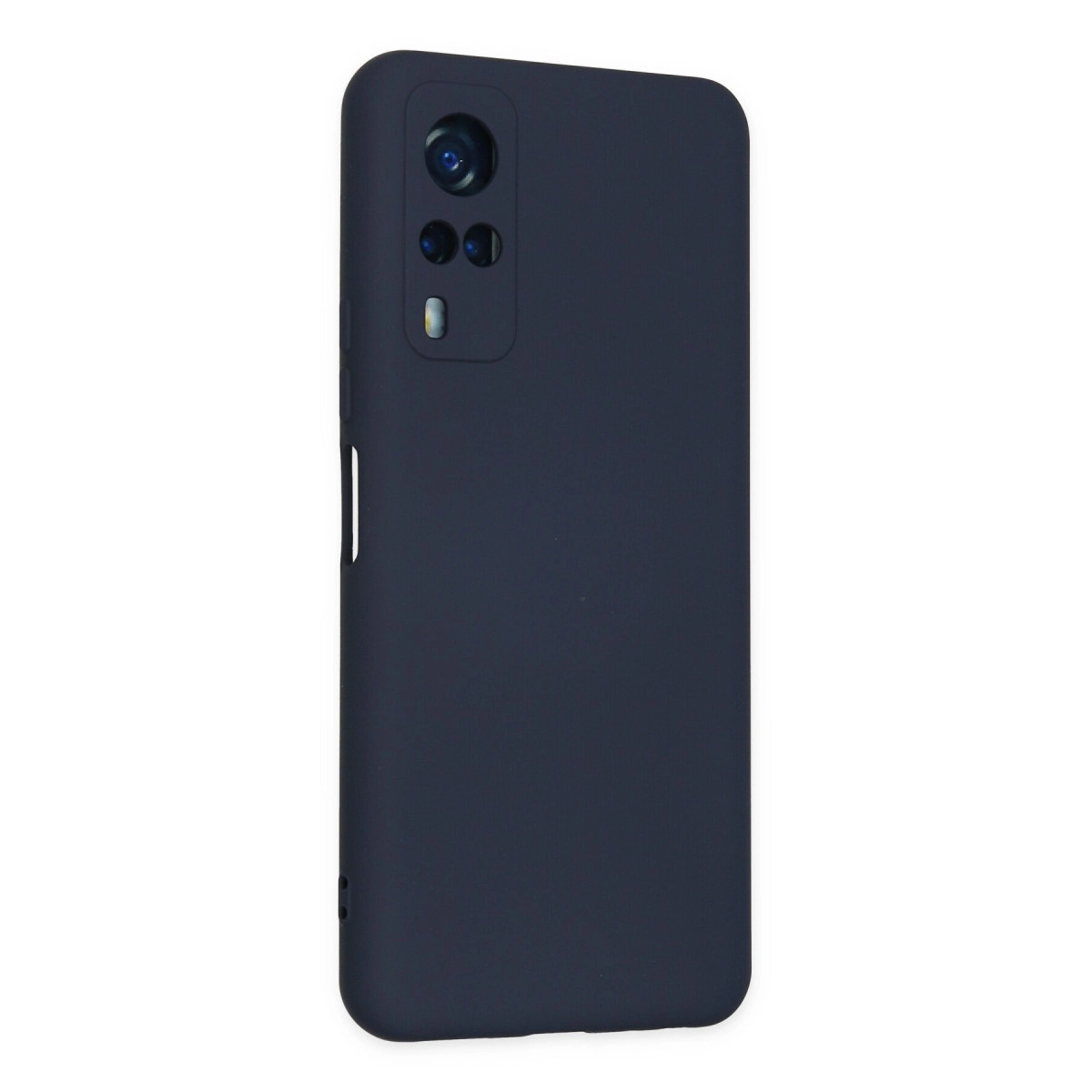 Arkada dikdörtgen kamera modülüne sahip lacivert telefon kılıfı.