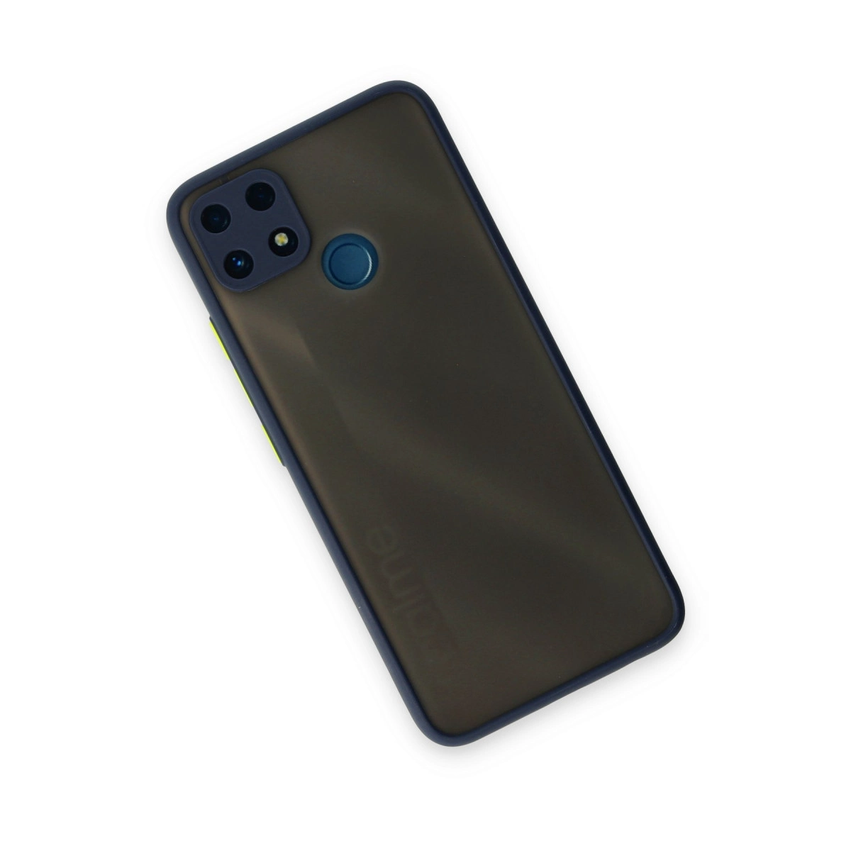 Koyu gri telefon, koyu kenarlı, dört kameralı ve parmak izi sensörlü.