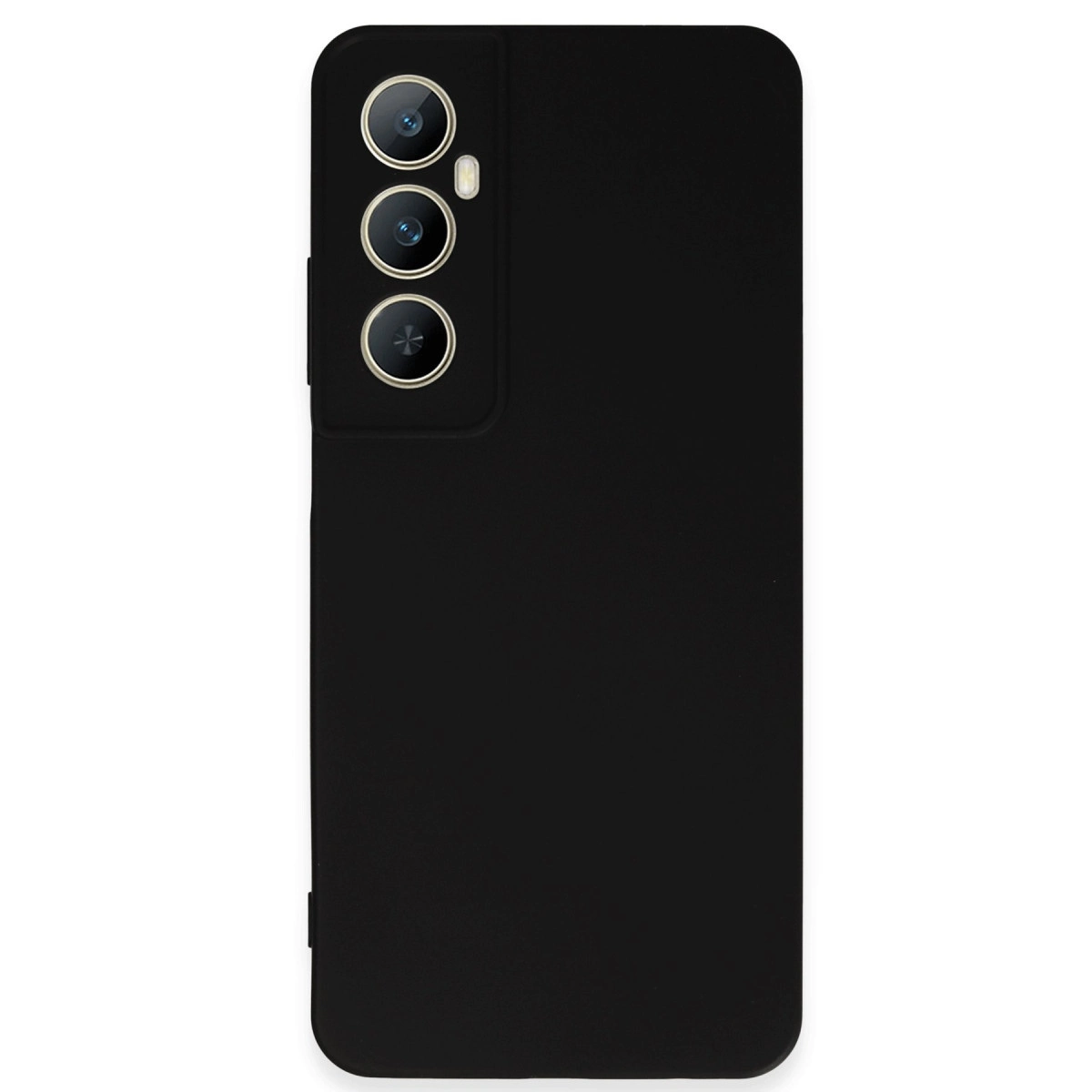 Üç kamera lensli siyah telefon kılıfı, beyaz arka plan üzerinde.