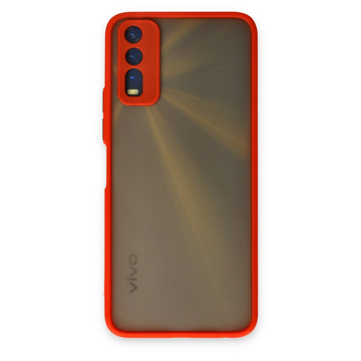 Üç kameralı kırmızı telefon kılıfı, gri arka planda "vivo" logosu.