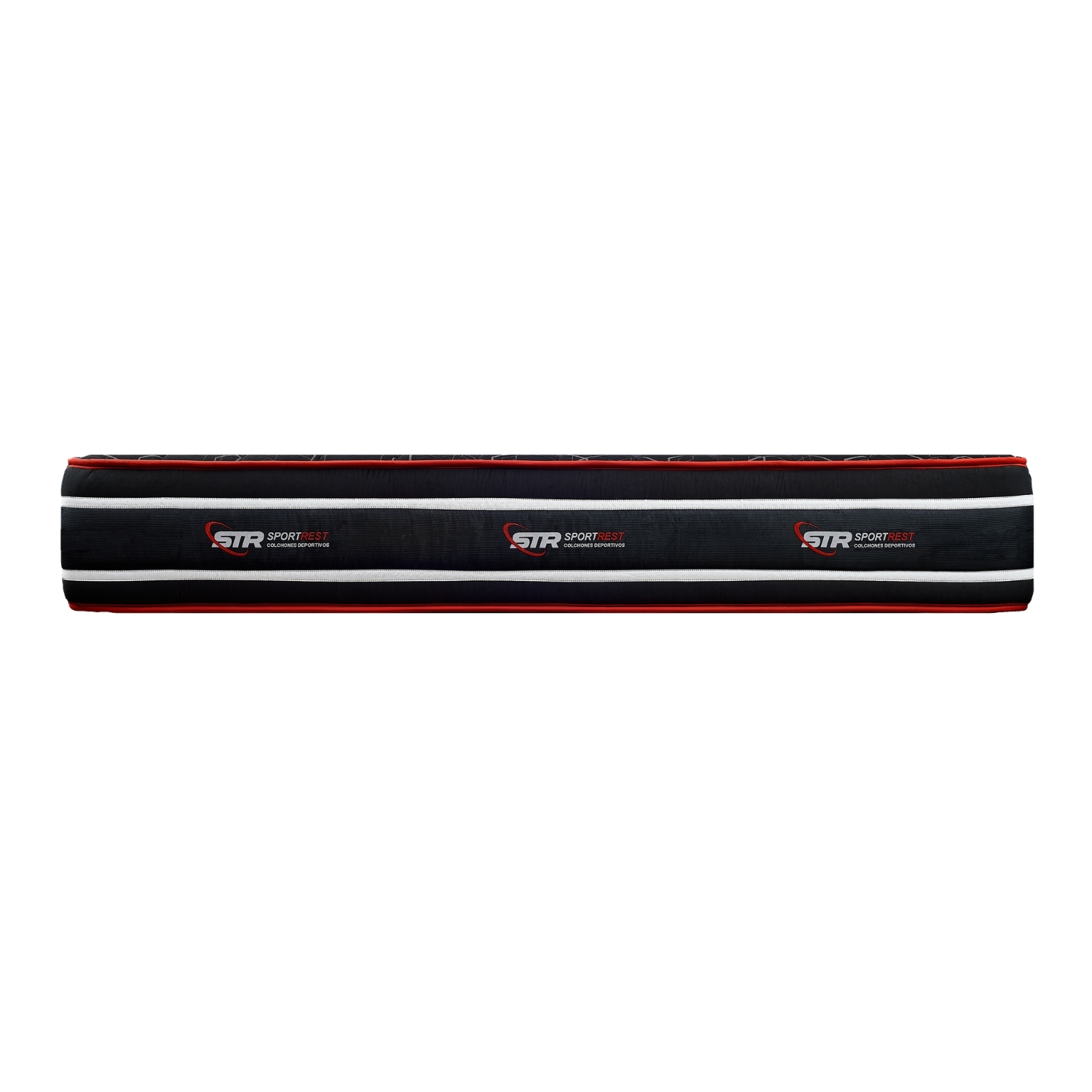 Colchón negro con rayas rojas y blancas, con el logo STR SportRest tres veces.