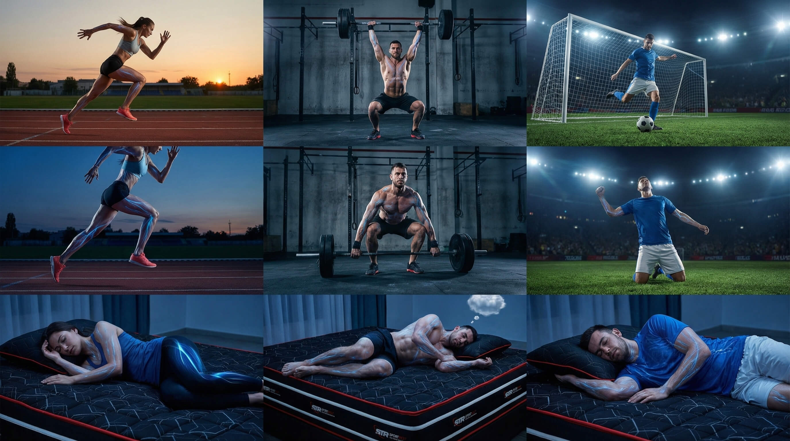 Collage: Correr, levantar pesas, fútbol, dormir con músculos brillantes.