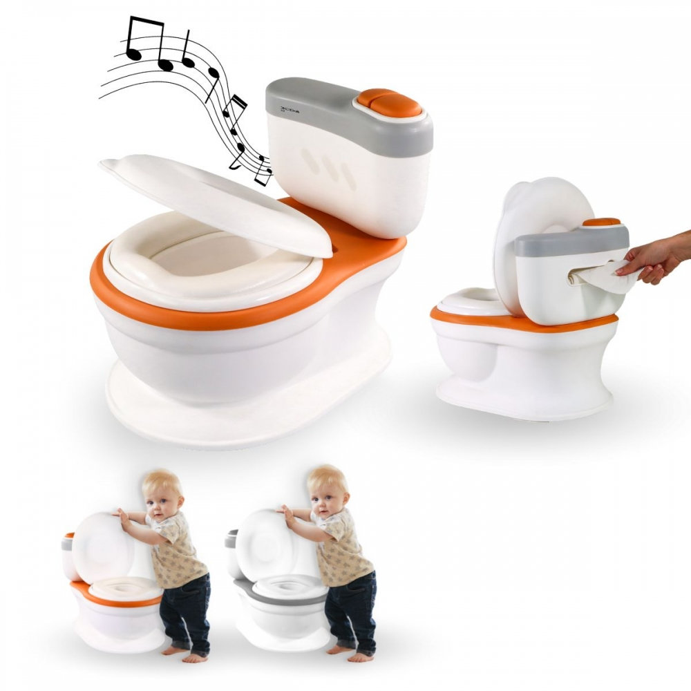 Un orinal infantil con notas musicales, un orinal pequeño y un niño usándolo.