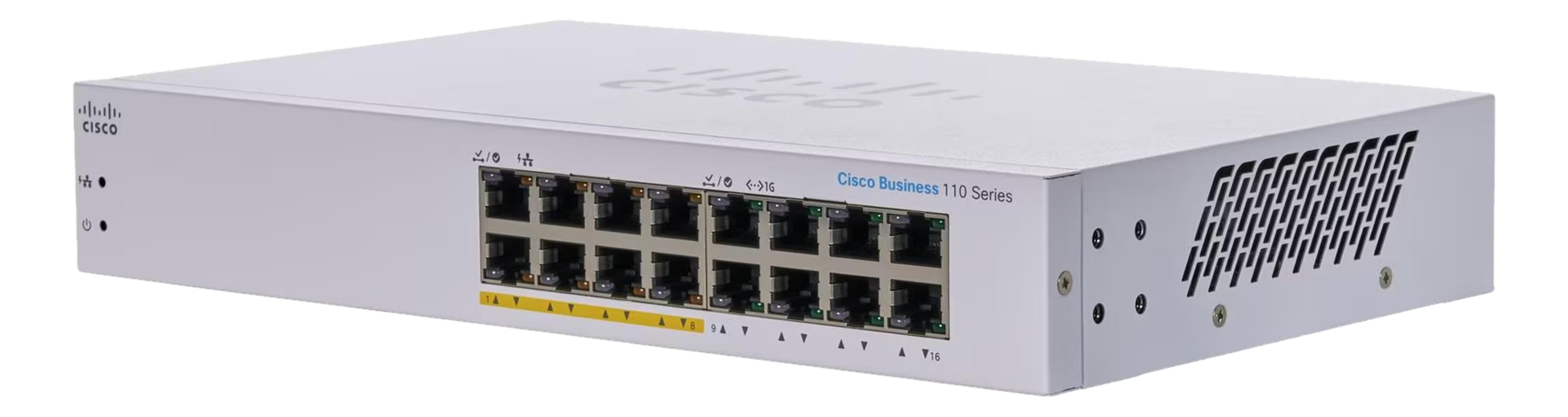 Uno switch Cisco Business 110 Series bianco a 16 porte.