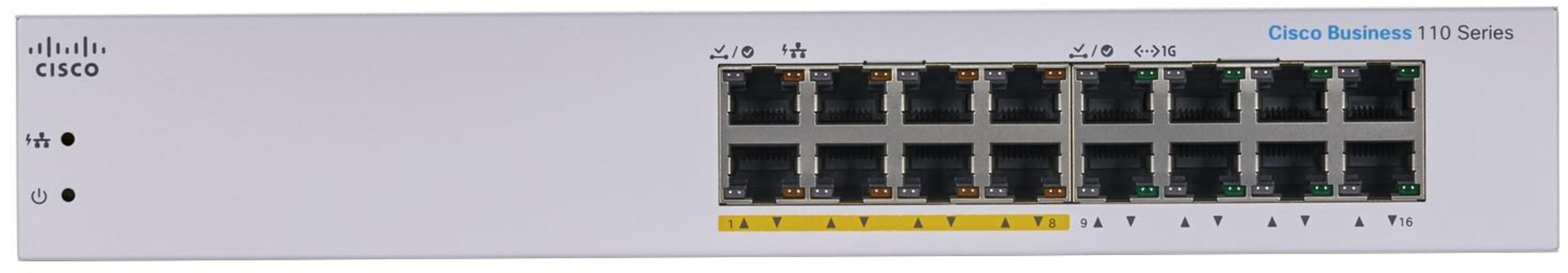 Uno switch Cisco Business 110 Series argentato con 16 porte.