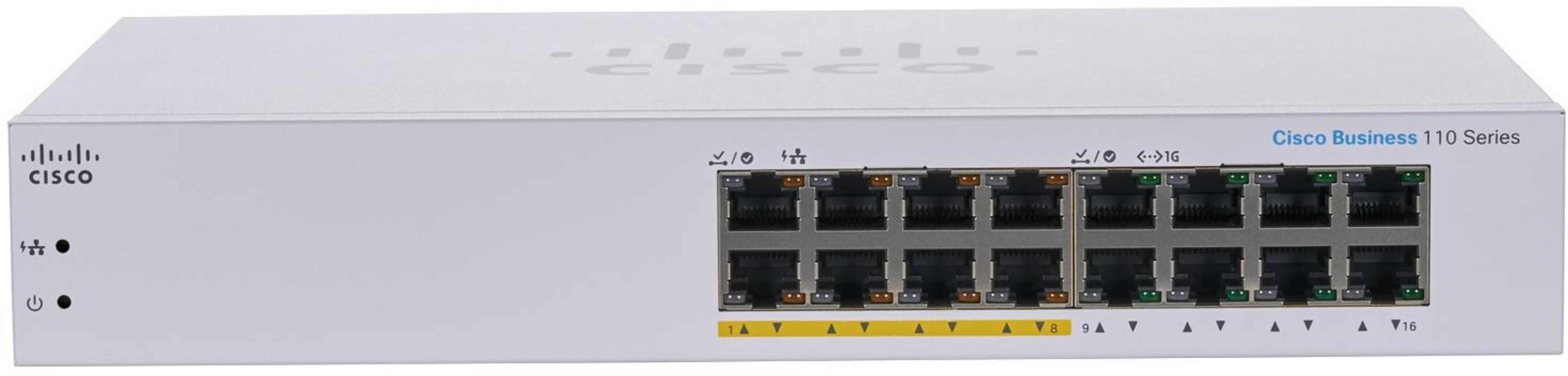 Uno switch bianco Cisco Business 110 Series a 16 porte.