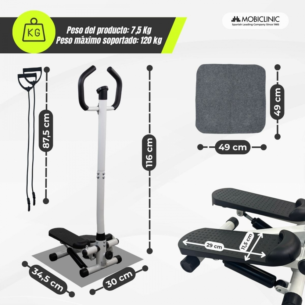Máquina stepper para casa con dimensiones: 87.5cm, 116cm, 30cm, 34.5cm, 49cm, 29cm, 11.5cm.