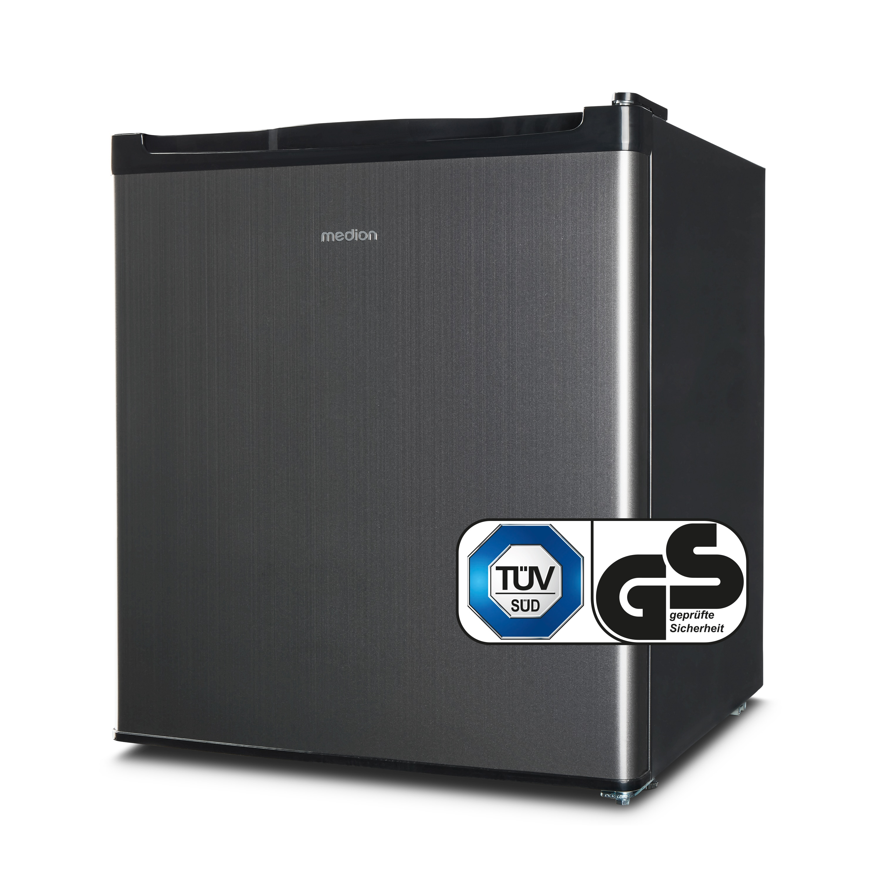 Ein dunkles Medion Kühlschrank mit GS- und TÜV-Siegel.