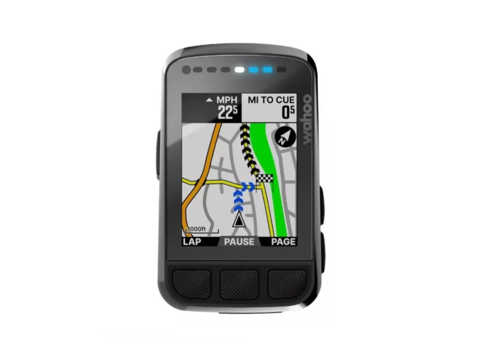 Ein schwarzes Fahrrad-GPS-Gerät mit Kartenanzeige, Geschwindigkeit und Distanz.