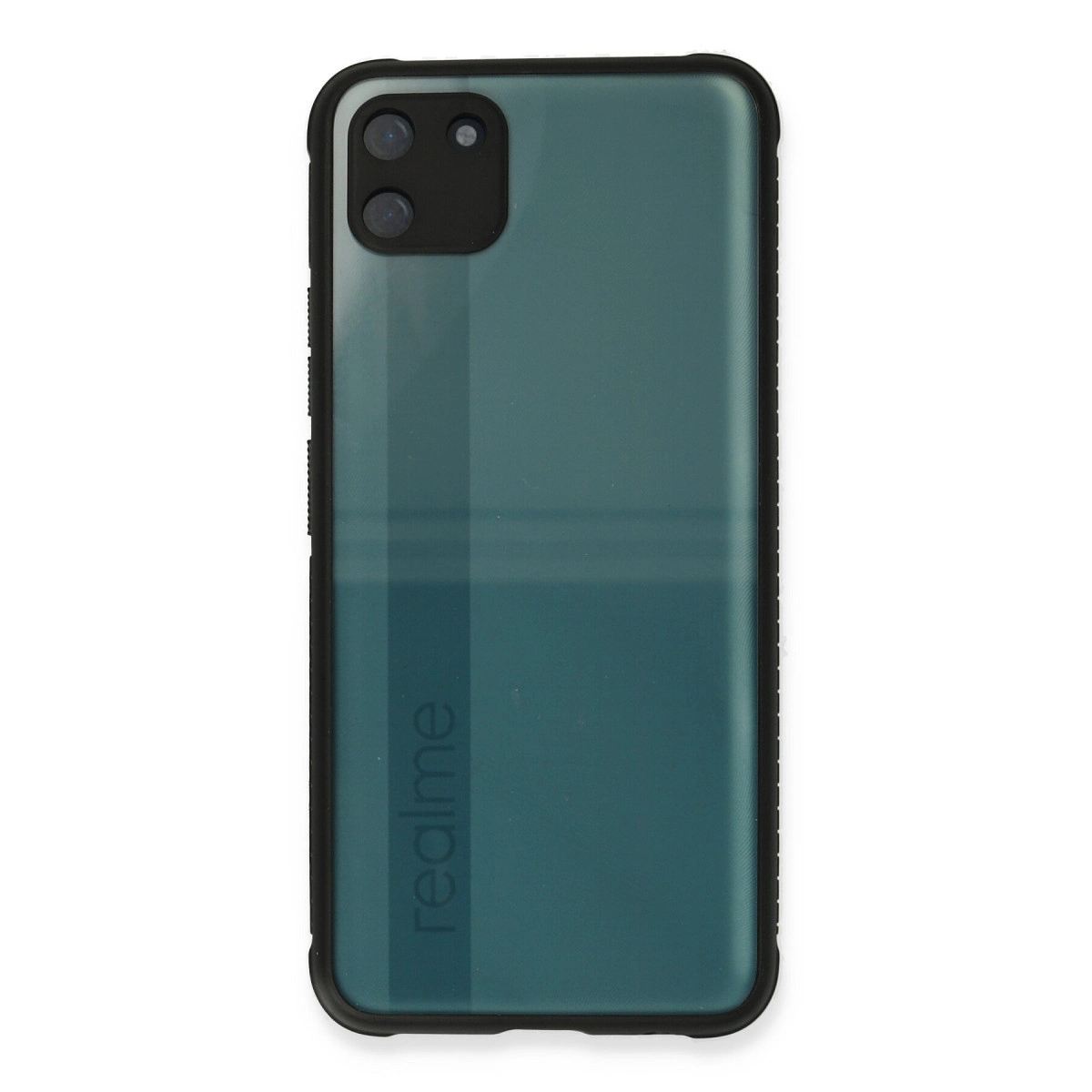 Çift kameralı ve Realme logolu yeşil akıllı telefonun arkası.