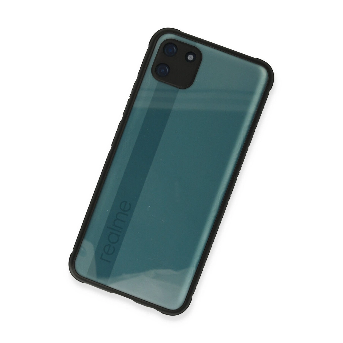 Arkası siyah çerçeveli ve çift kamera lensli, teal renkli akıllı telefon.