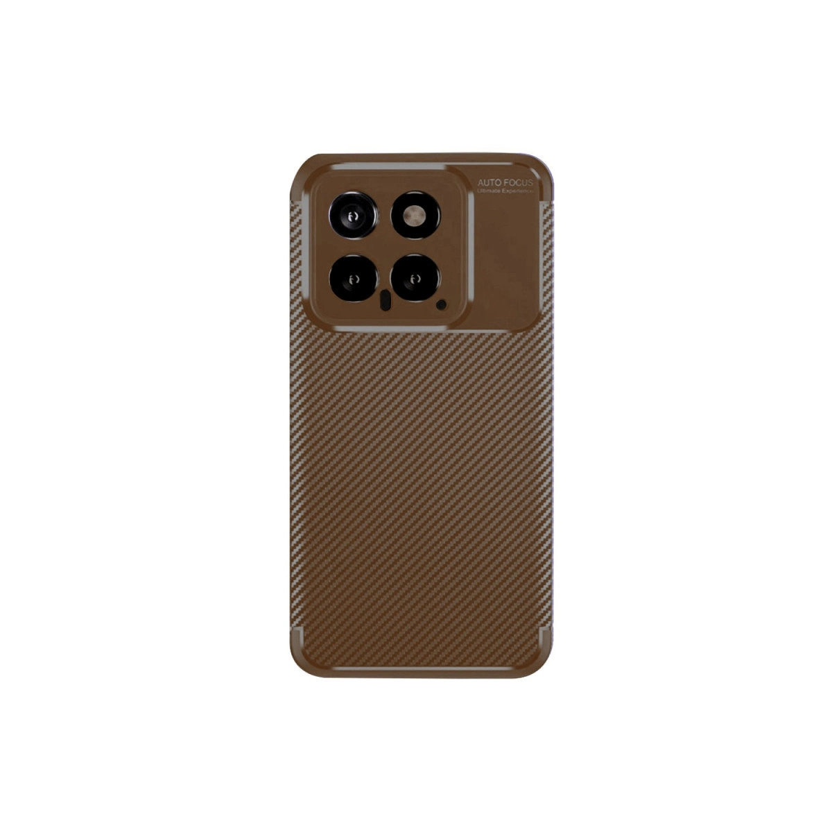 Karbon fiber desenli ve dörtlü kamera lensli kahverengi telefon kılıfı.