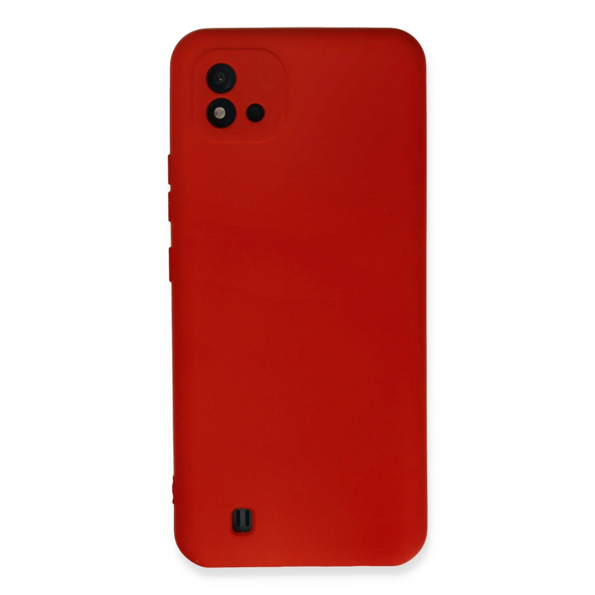Arkada iki kamera ve flaşlı kırmızı telefon kılıfı.