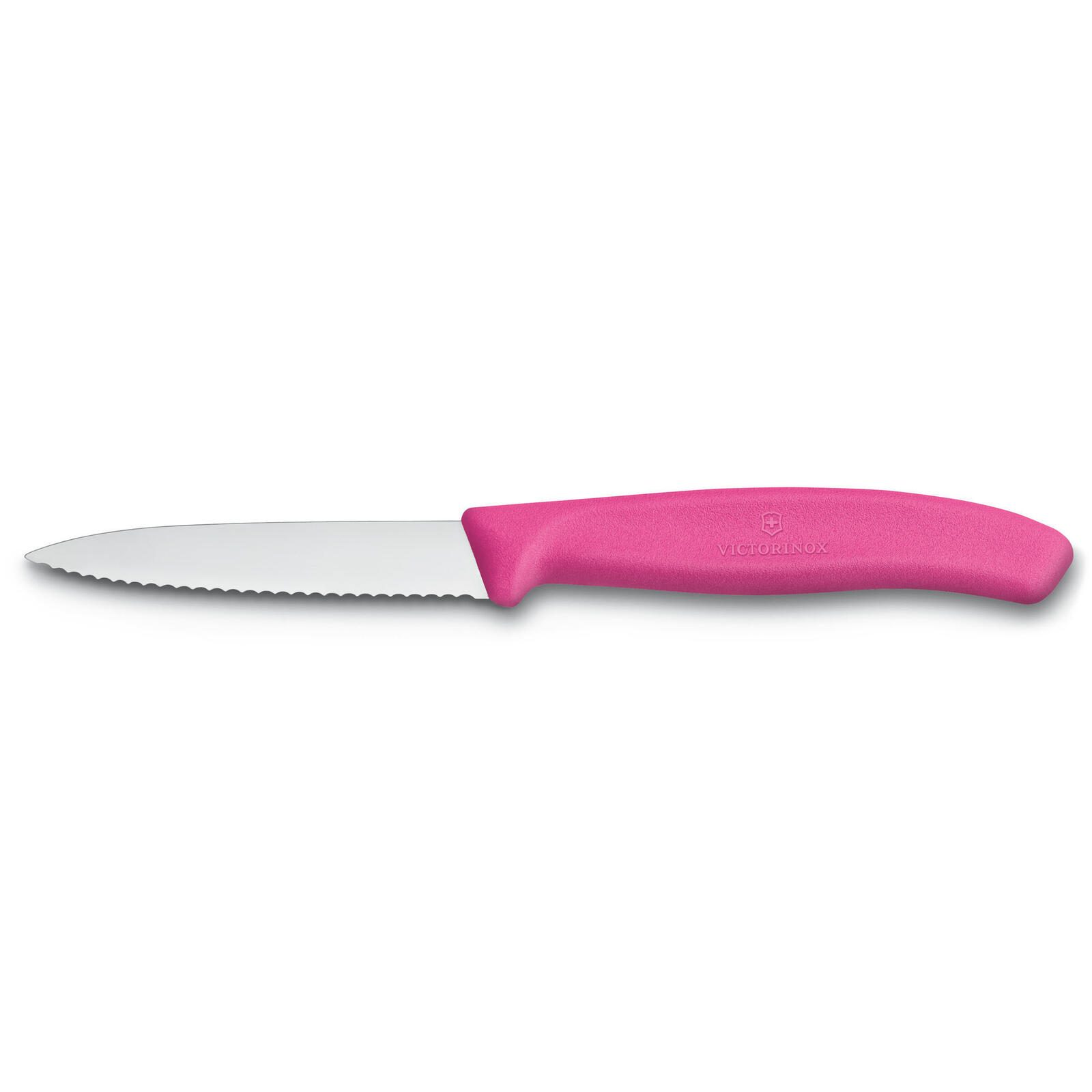 Gümüş bıçaklı, tırtıklı pembe Victorinox bıçağı.
