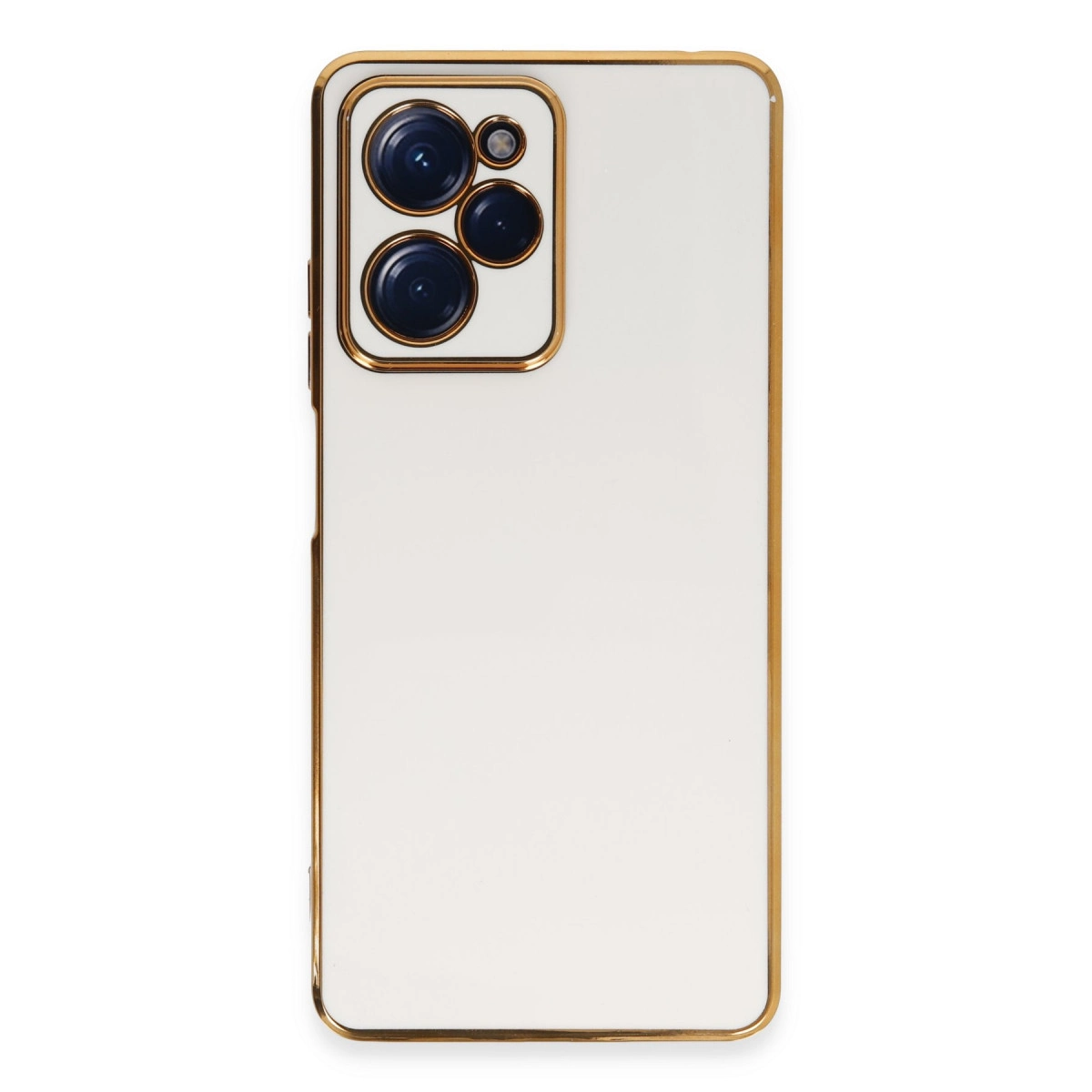 Altın çerçeveli beyaz telefon kılıfı ve üç kamera lensi.