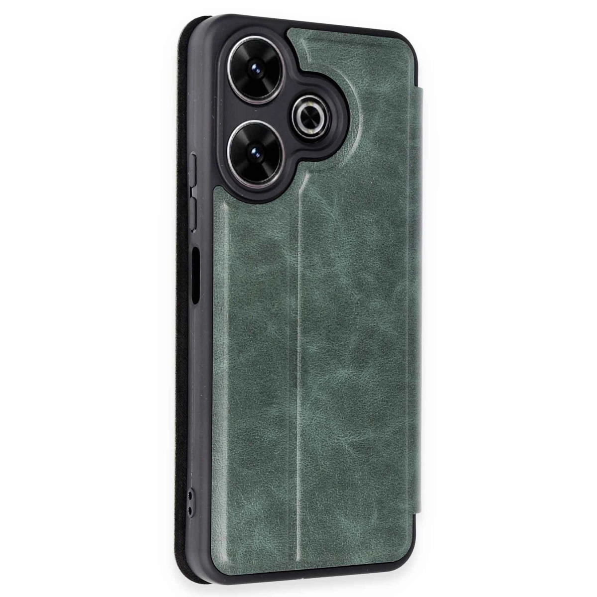 Üç kamera lensli, dokulu yüzeye sahip yeşil telefon kılıfı.