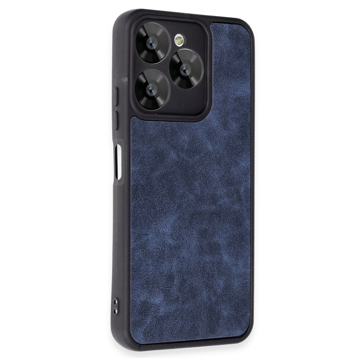 Doku kaplamalı, üçlü kamera kesimli koyu mavi telefon kılıfı.